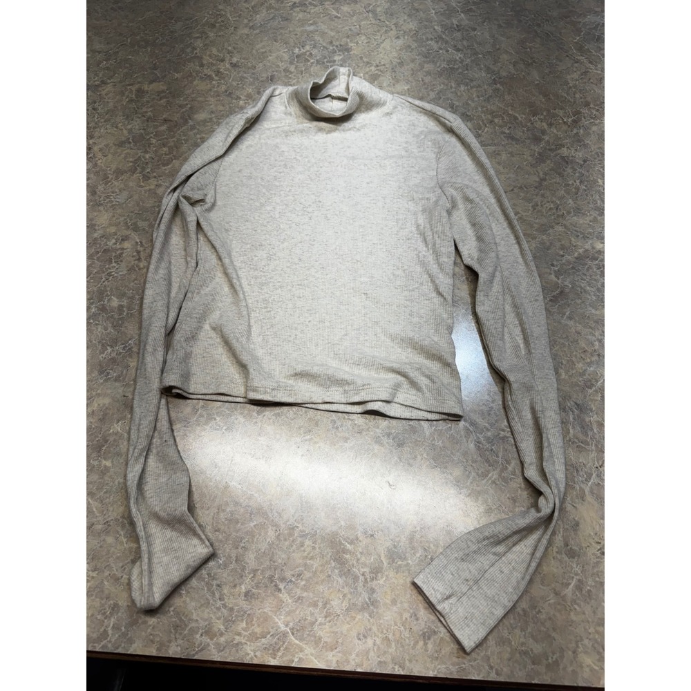 American Eagle Womens Ribbed Mock Neck Long Sleeve Top Oatmeal Beige Small